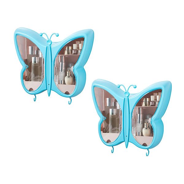 2X Blue Butterfly Shape Wall Mounted Makeup Organiser Dustproof Carousel 1
