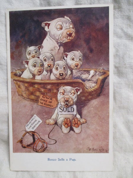 PC 4257 - Bonzo Postcard - Bonzo Sells a Pup Carousel 1