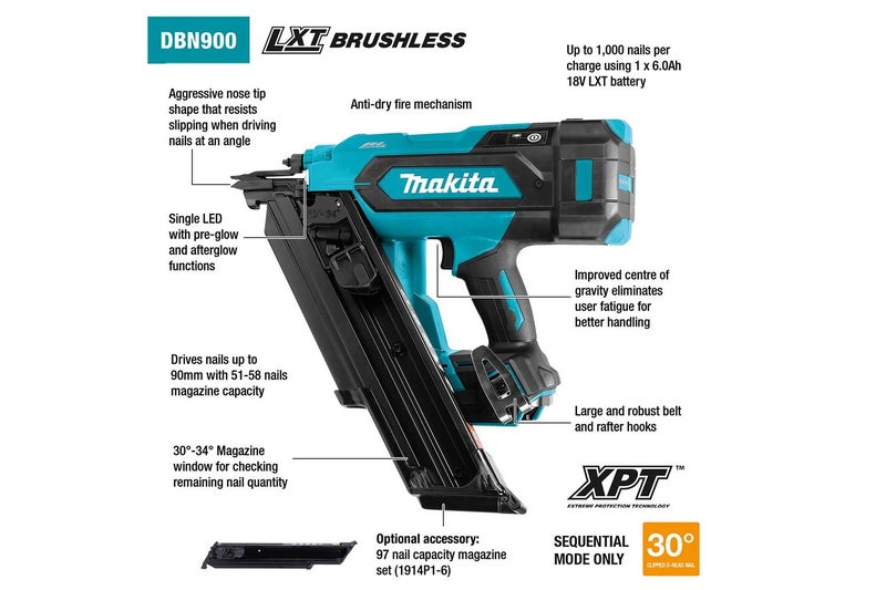 Makita DBN900RTE 18V LXT Brushless 90mm 30-34° Framing Nailer (5.0Ah) Kit Carousel 2