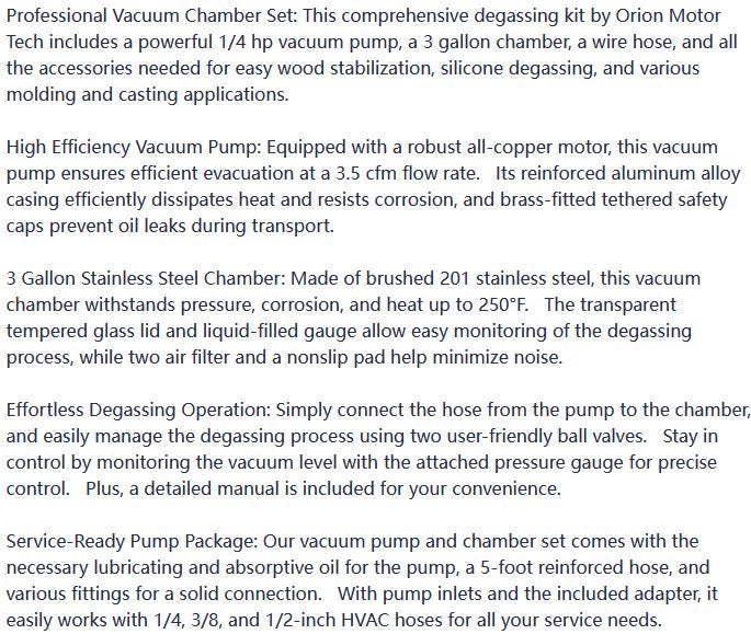 3.5CFM 1/4HP Vacuum Pump 3 Gallon Vacuum Chamber for Wood Stabilization Carousel 9