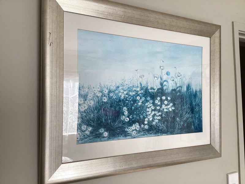 Vintage blue and white floral print in frame large Carousel 7