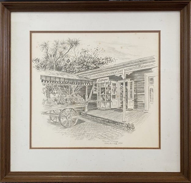 FRAMED DRAWING: 327 Parnell Road, Parnell, Auckland by Peter Arnold 1980 Carousel 1
