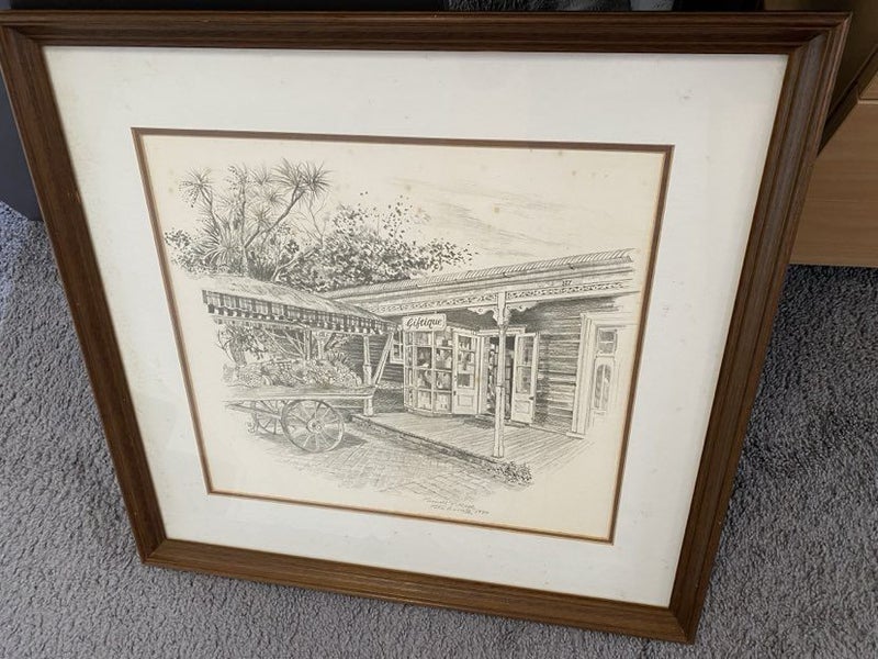 FRAMED DRAWING: 327 Parnell Road, Parnell, Auckland by Peter Arnold 1980 Carousel 2