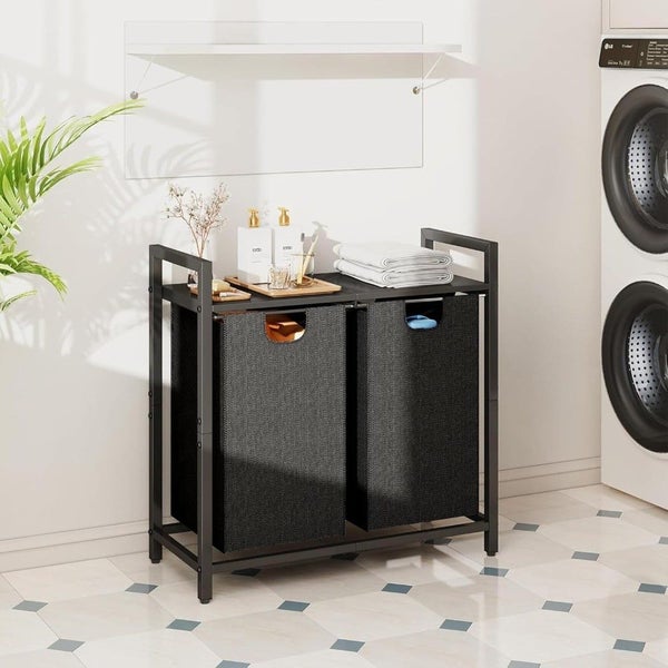 Dual Laundry Hamper with Pull-Out Bags & Steel Top Shelf – 72×32×71cm Carousel 2