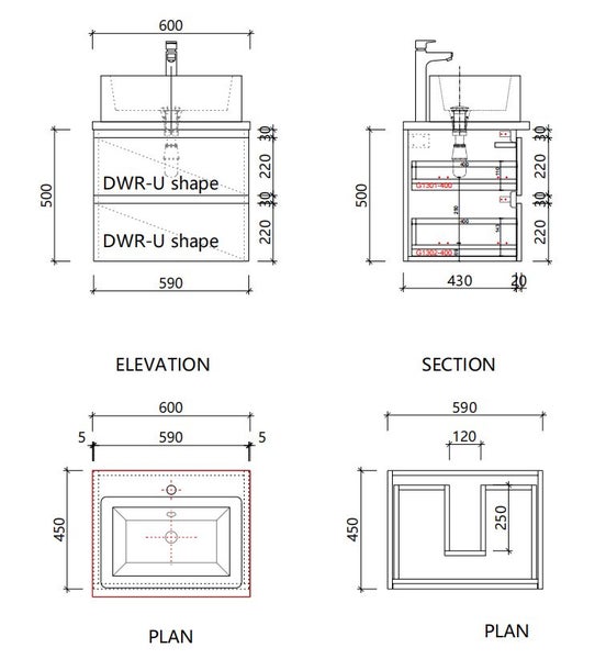 600 Plywood Wall Mount Vanity | Double Drawer | Handle-less Flat Pack Carousel 2