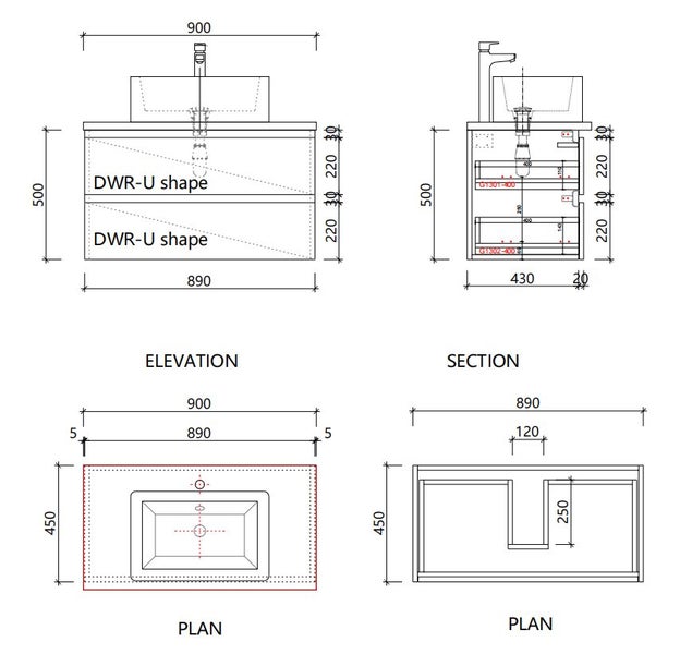 900 Plywood Wall Mount Vanity | Double Drawer | Handle-less Flat Pack Carousel 2