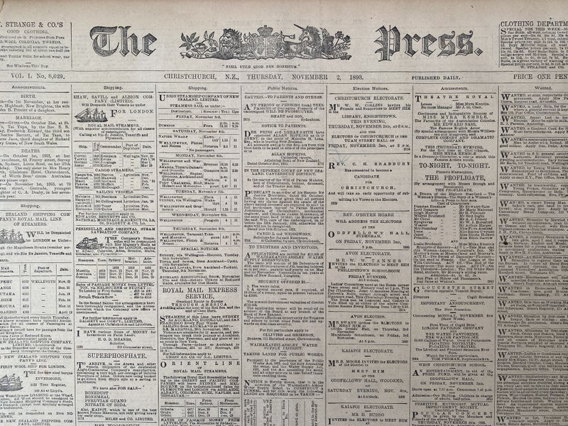 OLD NEWSPAPER: The Press, Christchurch - Thursday, 2 November 1893 Carousel 1