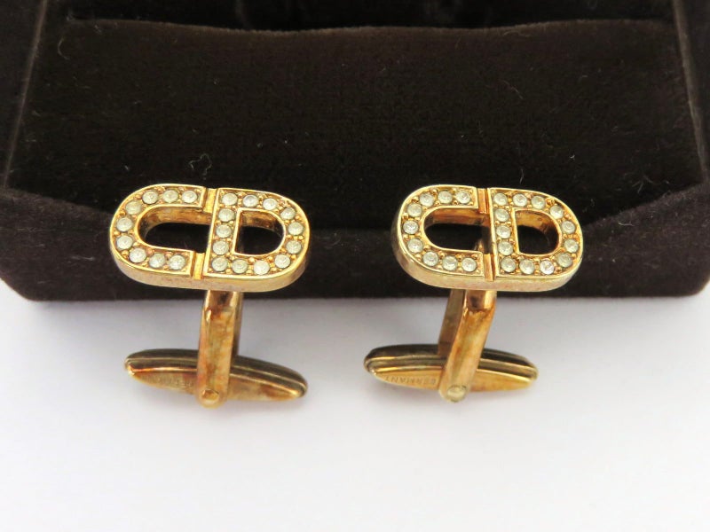 Christian Dior Gold Tone Metal Rhinestone CD Logo Cufflinks Carousel 1