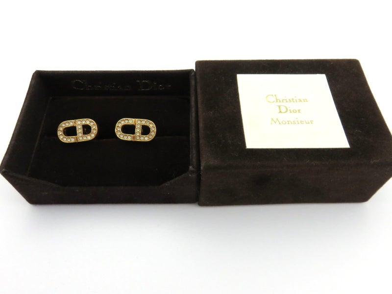 Christian Dior Gold Tone Metal Rhinestone CD Logo Cufflinks Carousel 2
