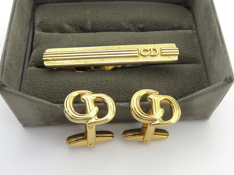 Christian Dior Gold Tone Metal CD Logo Cufflinks Tie Clip Set Carousel 1
