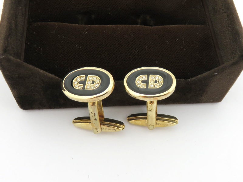 Christian Dior Gold Tone Metal Black Enamel Rhinestone CD Logo Cufflinks Carousel 1