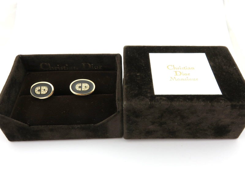 Christian Dior Gold Tone Metal Black Enamel Rhinestone CD Logo Cufflinks Carousel 2