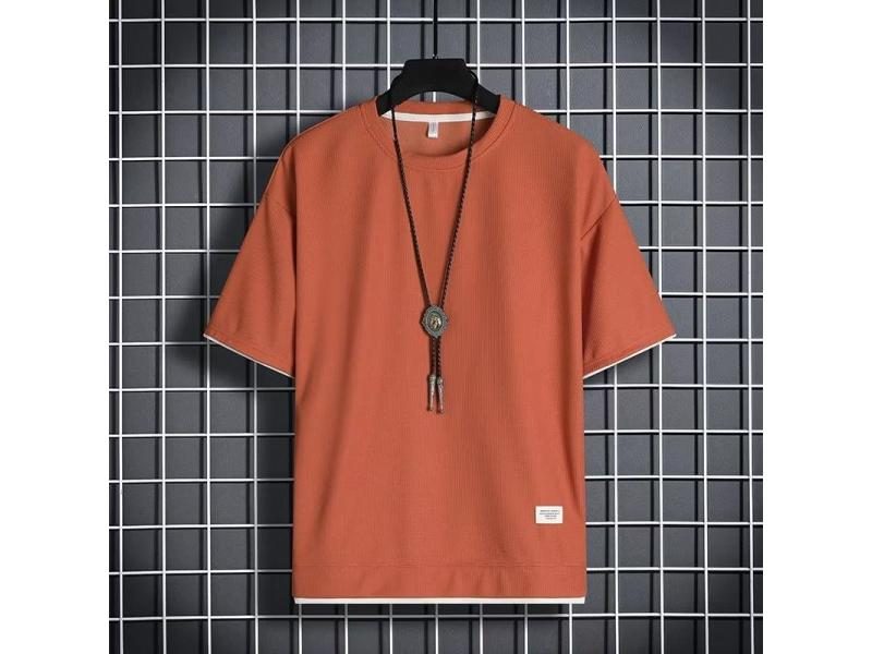 Men's Waffle Round Neck Short Sleeved T-shirt Top Summer Comfortable Loose Carousel 1