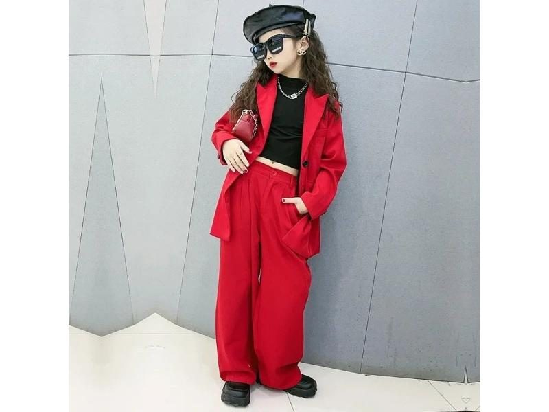Suit For Girls Red Loose Casual Blazer Wide Leg Pants 12-14 Years Fashion Kid's Carousel 1