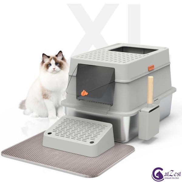 CatZest Stainless Steel Litter Box with Lid, Front Entry Top Exit Kitty, Extr... Carousel 1