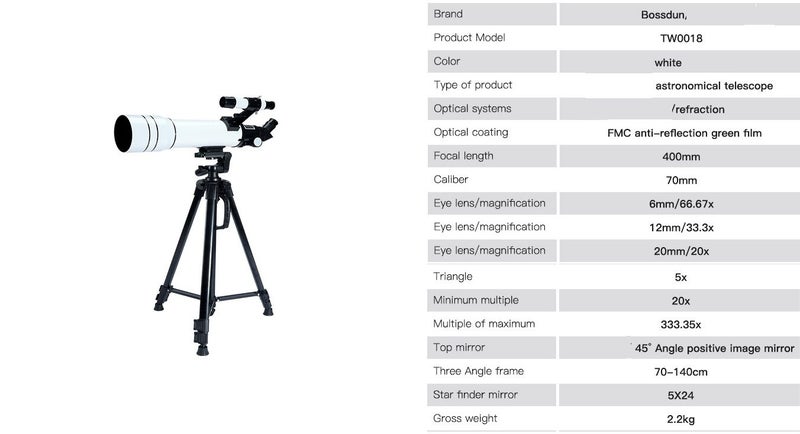 Telescope 70400: 333x Astronomical Telescope 70mm Aperture 400mm Focal Length Carousel 1