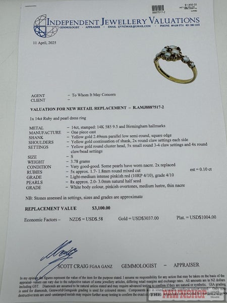 14ct Yellow Gold Ruby & Pearl Dress Ring ~ $3,100! Carousel 7