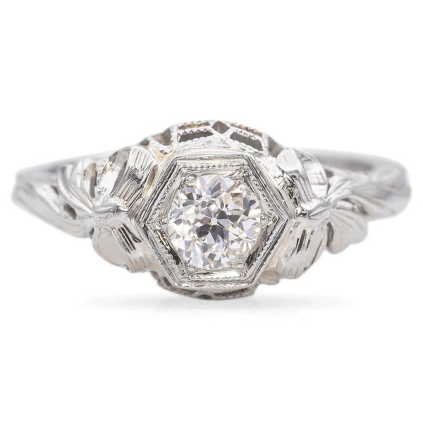 Antique Art Deco 18k White Gold 0.38ctw Diamond Filigree Bow Engagement Ring Carousel 1