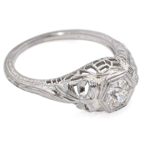 Antique Art Deco 18k White Gold 0.38ctw Diamond Filigree Bow Engagement Ring Carousel 2