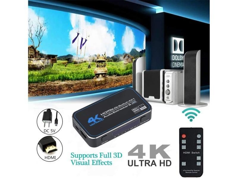 4K60Hz 4 Ports HD-MI 2.0b Switch Switcher Box 4 In 1 Out With Optical 3.5mm Carousel 2