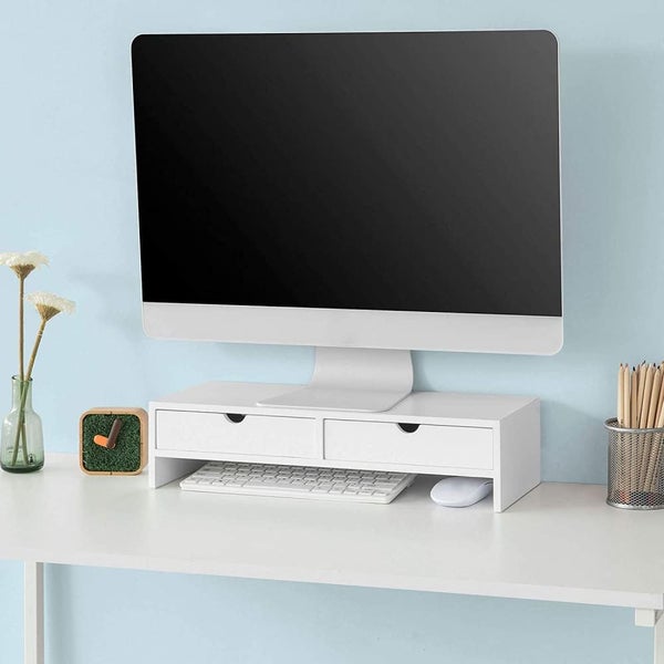 White Monitor Stand Desk Organizer With 2 Drawers Carousel 2