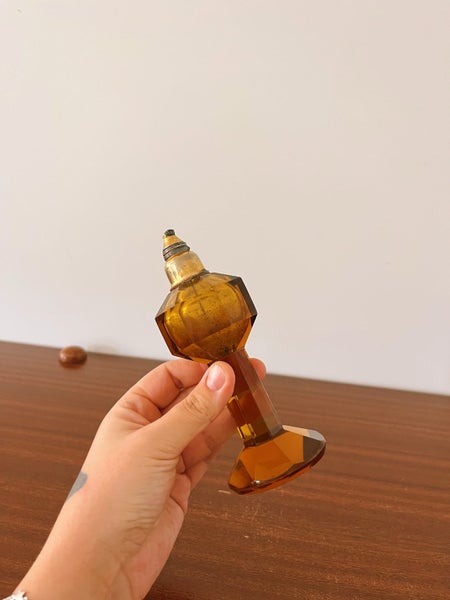 Vintage Bohemian Czech?? Art Deco Amber Cut Glass Perfume Bottle Carousel 4