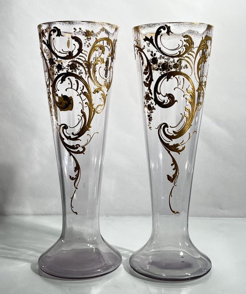 Attributed François Théodore Legras or Baccarat – Tall Hand-Gilded Antique Vases Carousel 1