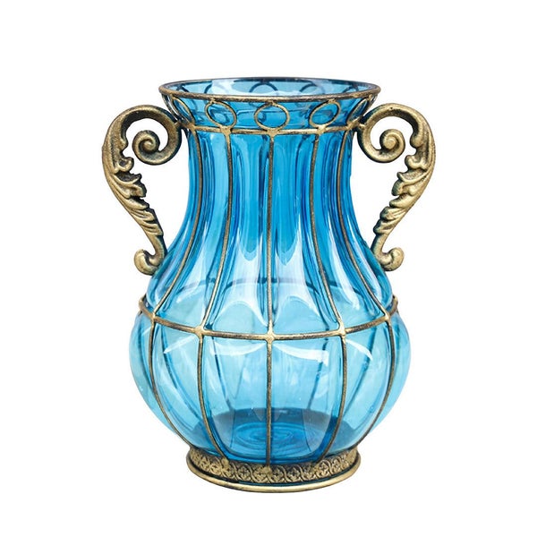 SOGA Blue Colored European Glass Home Decor Flower Vase with Two Metal Handle Carousel 1