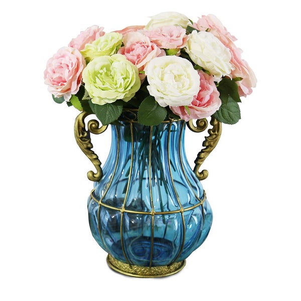 SOGA Blue Colored European Glass Home Decor Flower Vase with Two Metal Handle Carousel 2