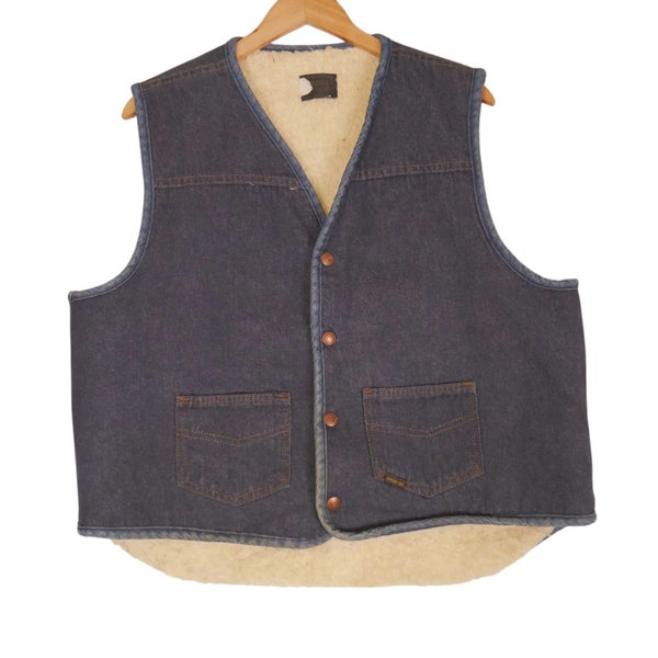 Vintage 1970s Roebucks Denim Fleece Lined Vest Jacket XL Carousel 1