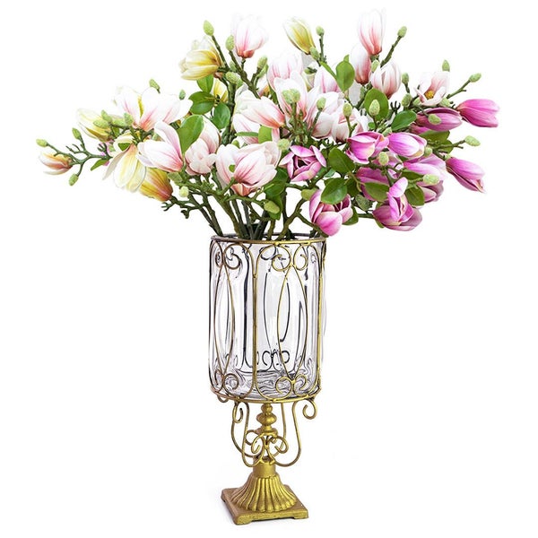 SOGA Clear Glass Cylinder Flower Vase with 6 Bunch 4 Heads Artificial Fake Si... Carousel 1
