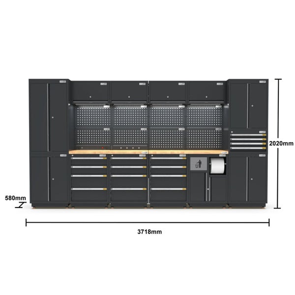 PRO SERIES 3718MM x 580MM x 2020MM BLACK WORKSHOP GARAGE STORAGE CABINET SET Carousel 2