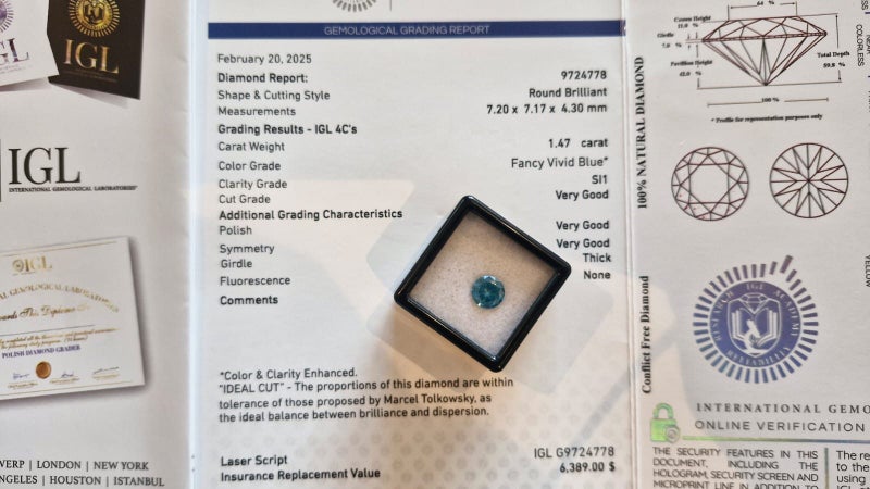 $1 RES * Valuation $10,576.00 * 1.47ct Round Large Blue Diamond Loose IGL CERT Carousel 1