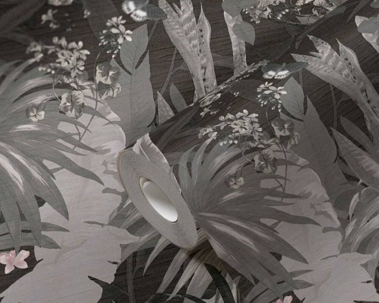 Wallpaper. Jungle Leaves - Charcoal & Grey. PTW. Carousel 1