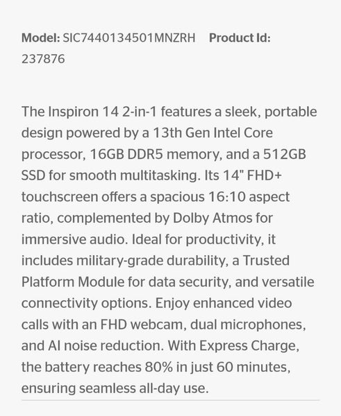 Dell Inspiron 7440 14 Inch Touchscreen Intel Core i5-1334U 16GB / 512GB62868835603331112