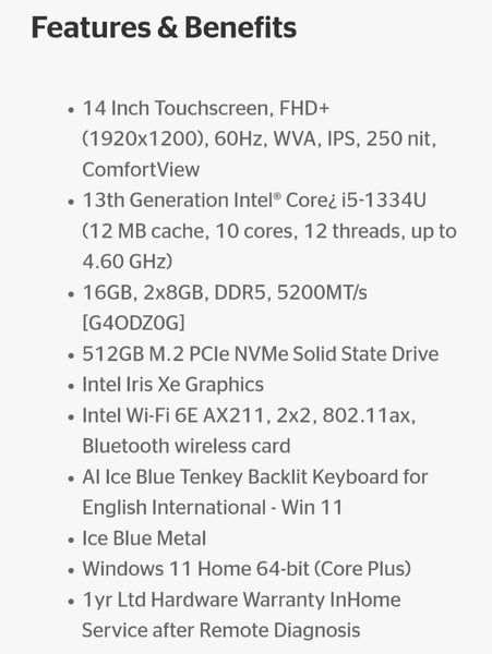 Dell Inspiron 7440 14 Inch Touchscreen Intel Core i5-1334U 16GB / 512GB62868835603331113