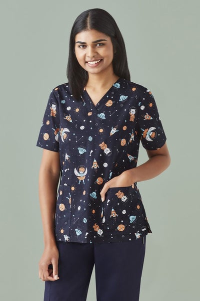 CST148LS BIZ WOMENS SPACE PARTY SCRUB TOP Carousel 1