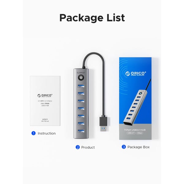 Orico USB-A to 7-Port High Speed USB 3.0 Aluminium Hub - Grey Carousel 2