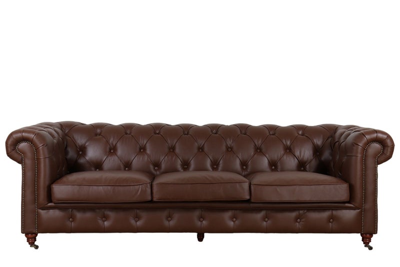 TNC Chesterfield Genuine Leather 3 Seater Sofa, Dark Brown628638607055391113