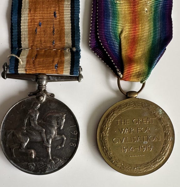WWI medal pair & silver war badge Carousel 2