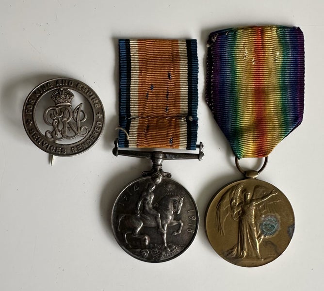 WWI medal pair & silver war badge Carousel 1