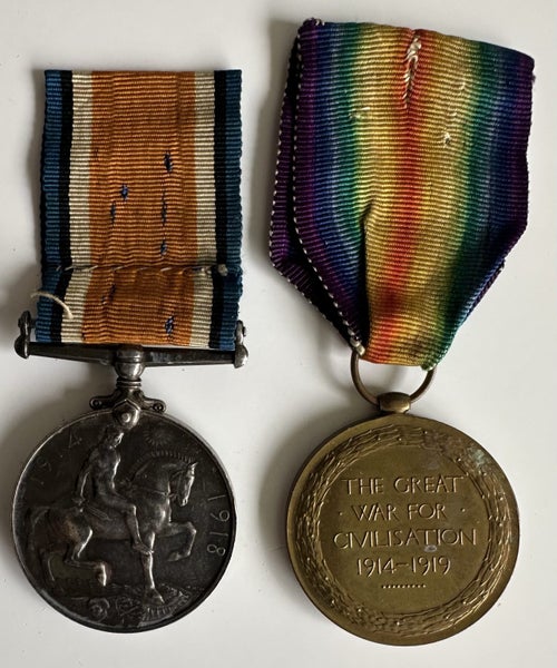 WWI medal pair & silver war badge Carousel 7