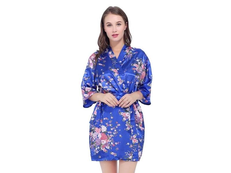 Faux Silk Satin Floral Bathrobe Night Robe For Women Carousel 1