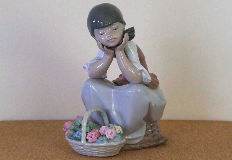 Lladro Retired Figurine #5173 Girl with Basket of Flowers "Pondering"62863852063617119