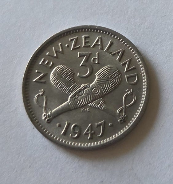 NEW ZEALAND 1947 THREEPENCE COIN, AU/UNC!, $1 RES!! Carousel 1