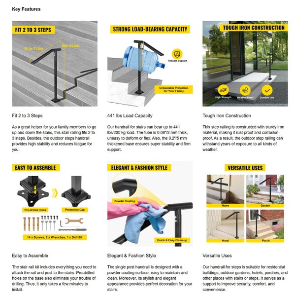Step Handrail 2-3 Steps Outdoor Stair Railing Porch Single Post Handrail Carousel 13