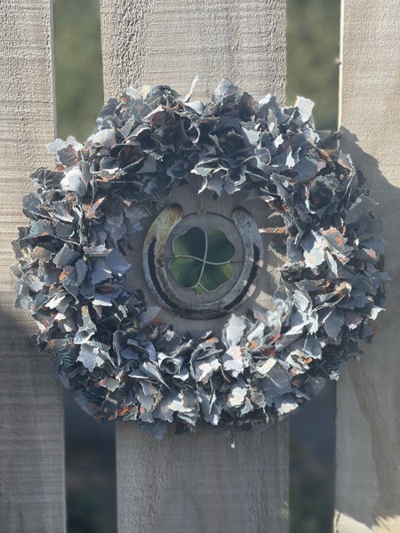 FREE POSTAGE: Green and grey Fabric wreath with lucky metal horseshoe insert62933731276419119