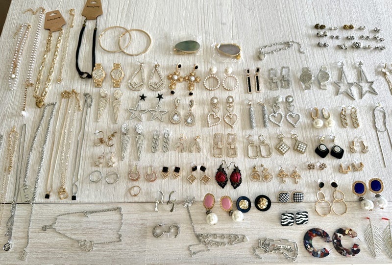 June auction: 100 items jewelry bulk auction earrings rings necklaces charm Carousel 1