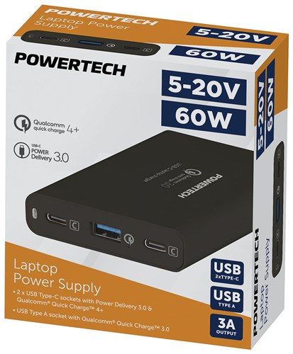 Powertech 5-20V 60W Laptop Power Supply with 2xUSB-C and USB-A MP3417 Carousel 1