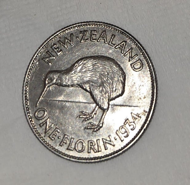 NEW ZEALAND SILVER FLORIN COIN 1934, gEF/AU!, $1 RES!! Carousel 1